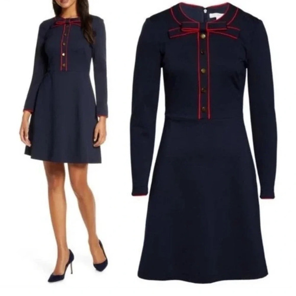1901 Navy blue red bow a line fit flare long sleeve dress size 4P preppy 1096 - Picture 1 of 11